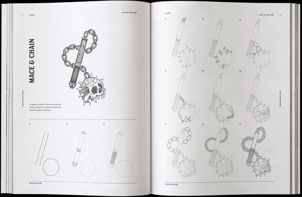 Open book spread with pencil sketches of punk chain, spiked shapes, and weapons
