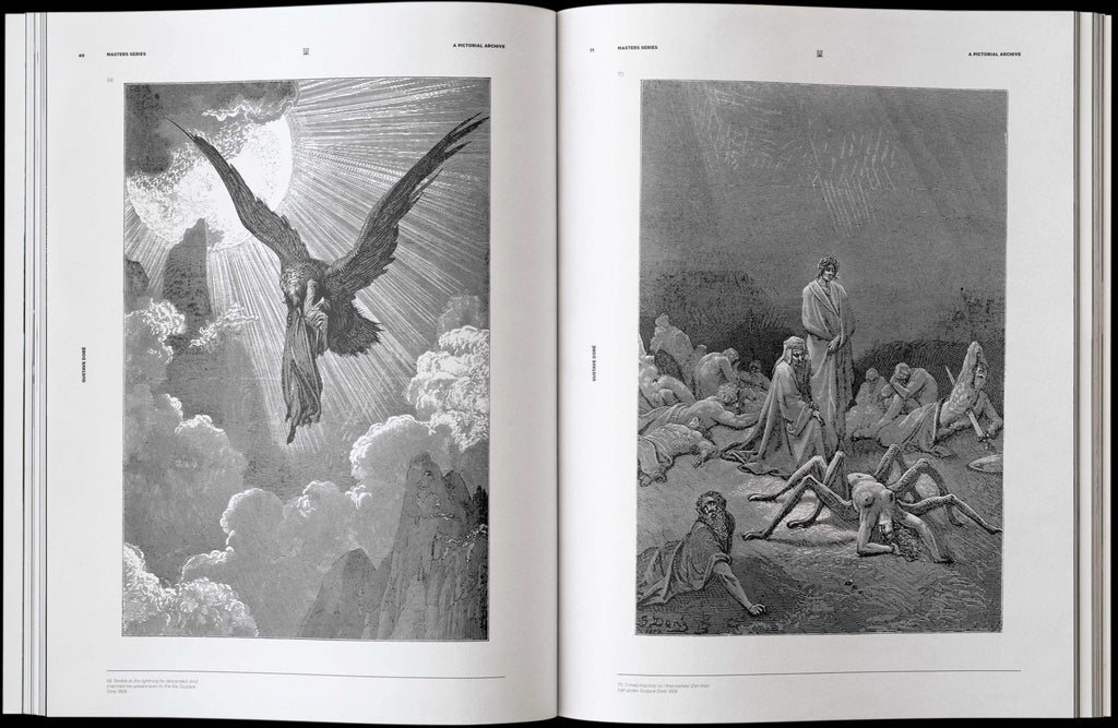 Open art book spread with two monochrome engravings of winged angels above clouds