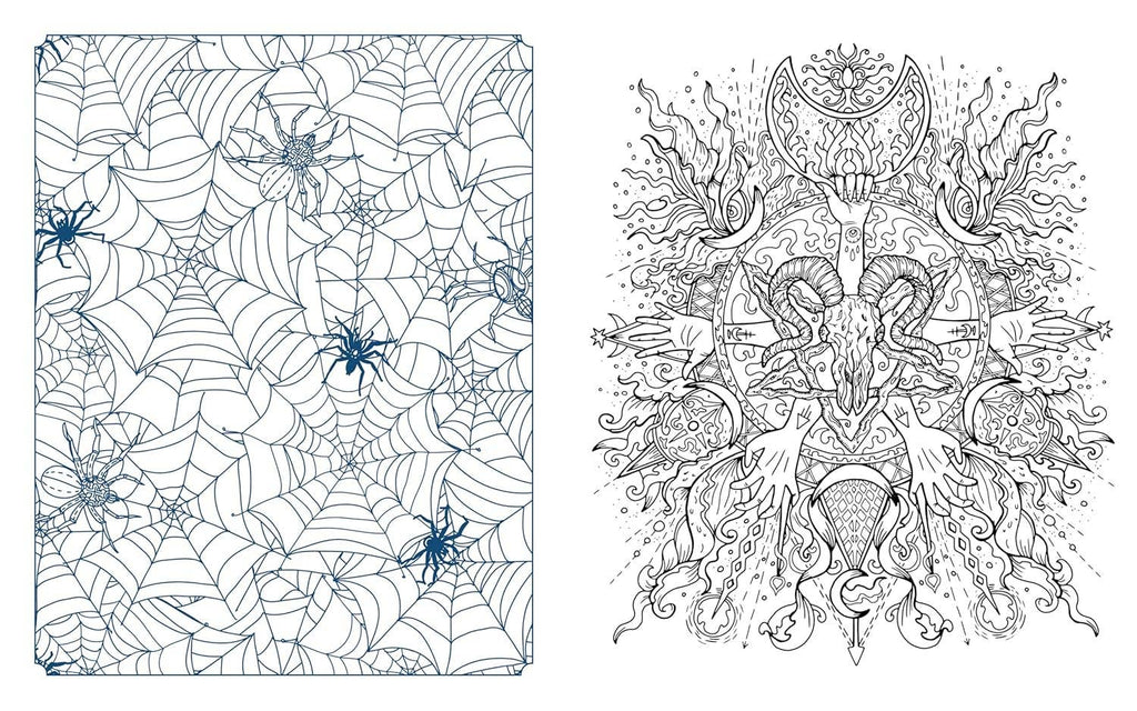 Open coloring book pages with blue spiderweb design and intricate monochrome tentacled monster art