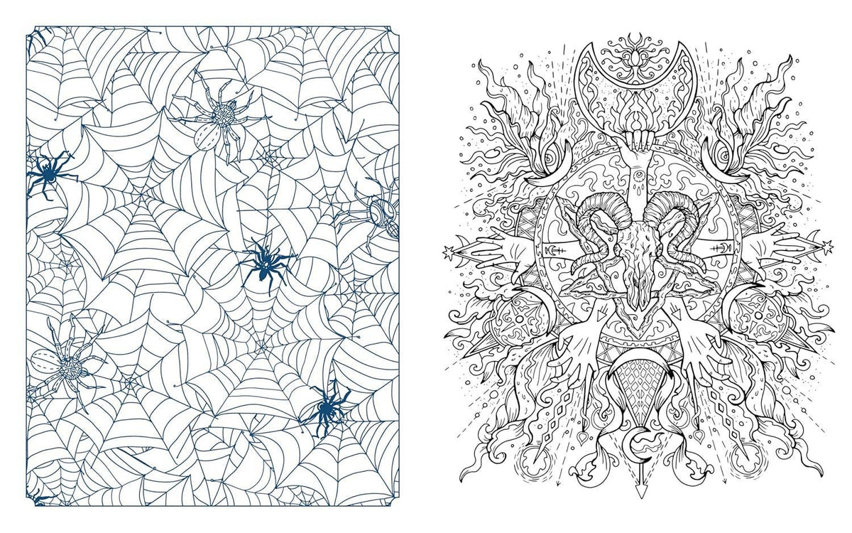Open coloring book pages with blue spiderweb design and intricate monochrome tentacled monster art