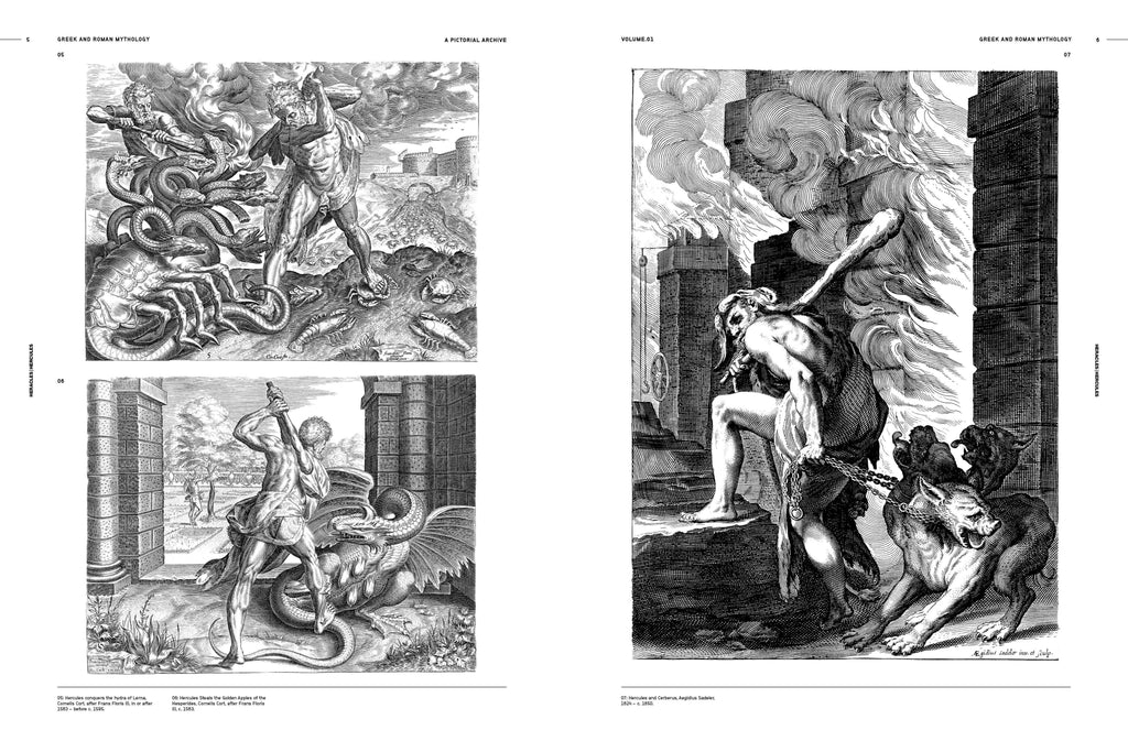 Open book spread with four engraved myth scenes featuring classical figures and serpents