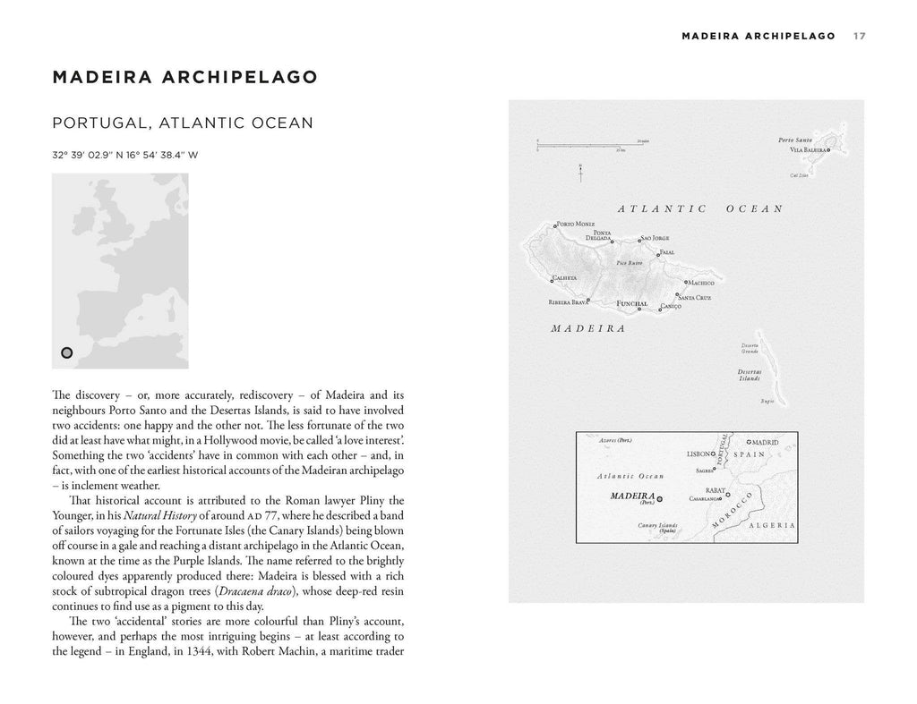 Atlas book interior page on Madeira Archipelago with map and labels