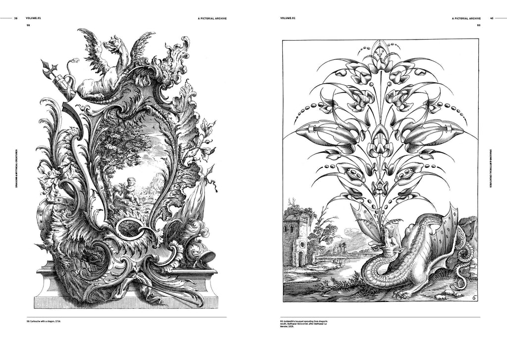 Open book spread with two black-and-white myth illustration engravings
