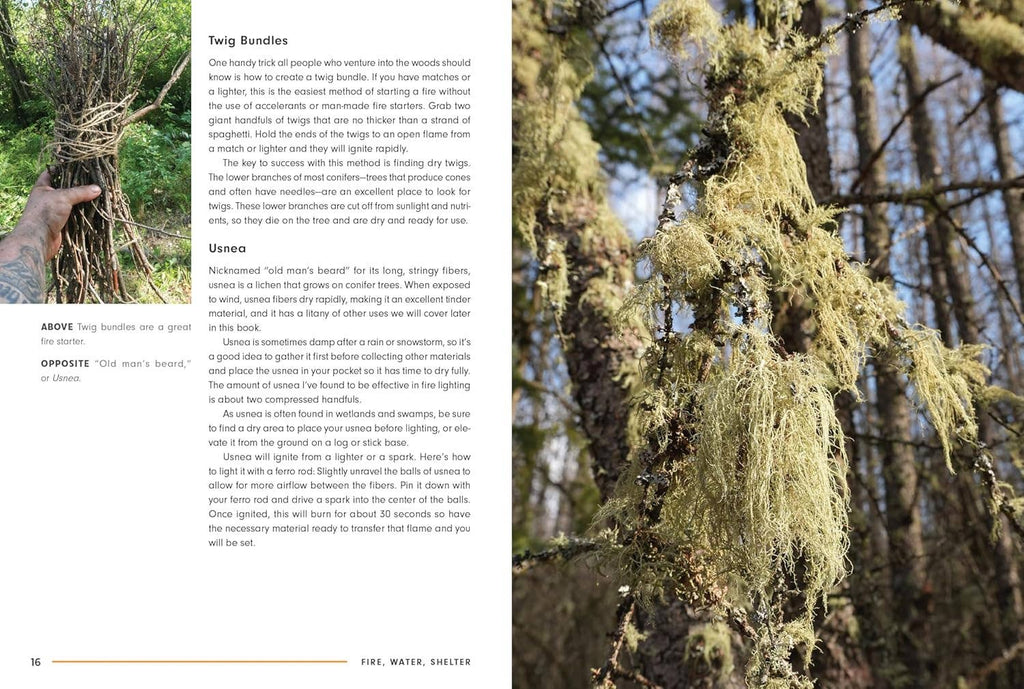 Book page on twig bindles with photos of tied branches in a forest