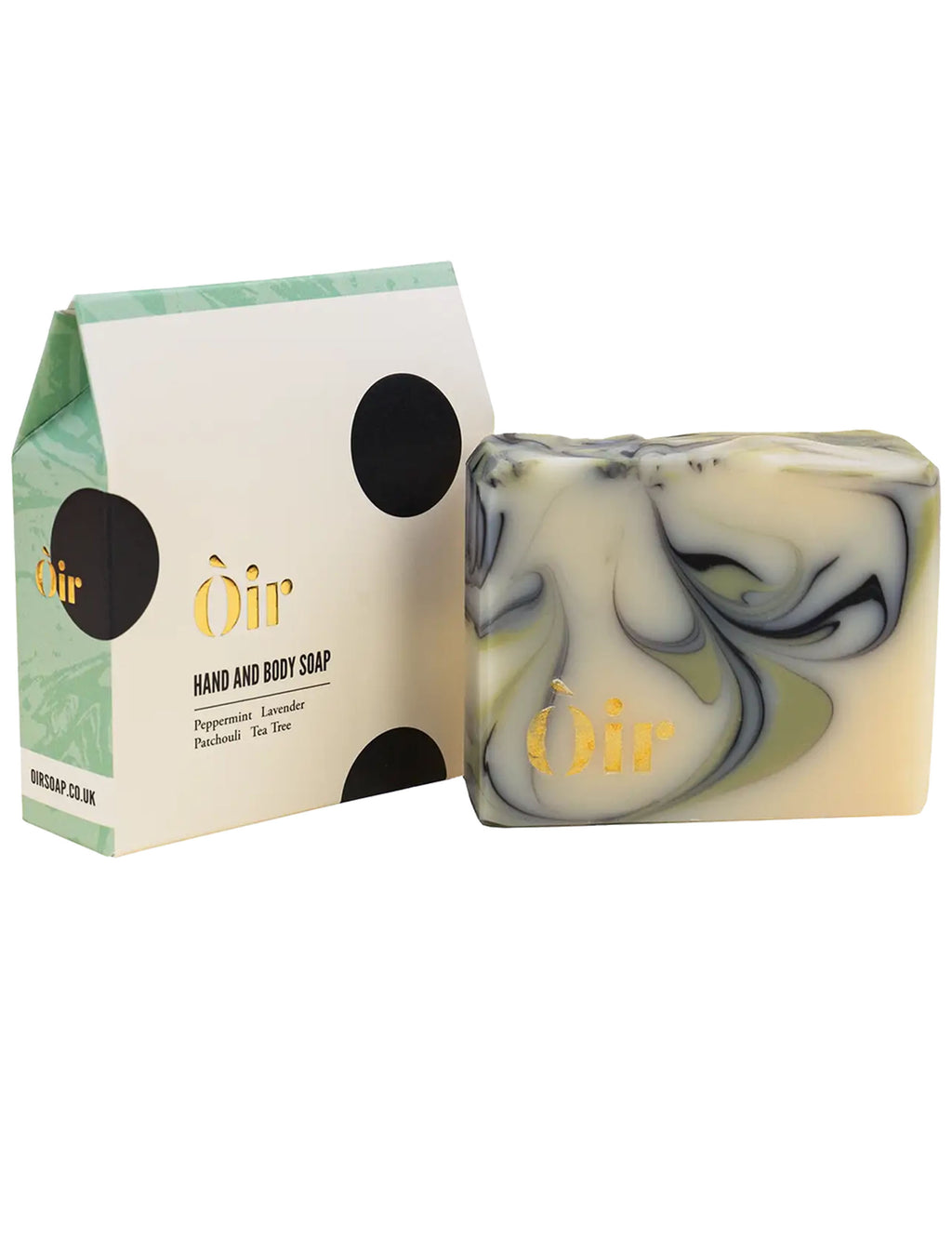 Oir hand and body soap gift box with cream swirl soap bar beside it.