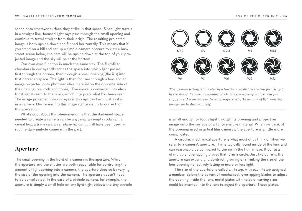Film camera book spread with aperture diagrams and labeled camera lens diagrams