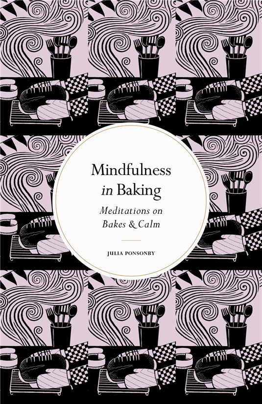 Paperback book cover, circular cream title with “Mindfulness in Baking” and author