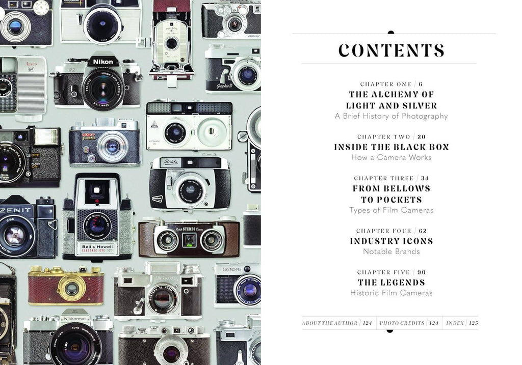Film camera book spread with collage of cameras and a "CONTENTS" page