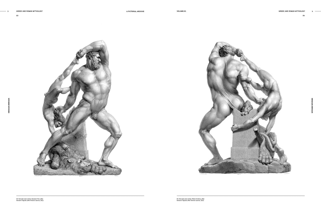 Open book spread showing engraved marble statue figures from multiple angles