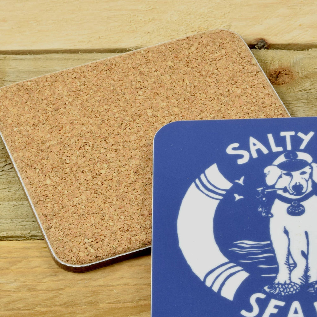 Cork coaster with rounded square shape and blue "Salty Old Sea Dog" logo