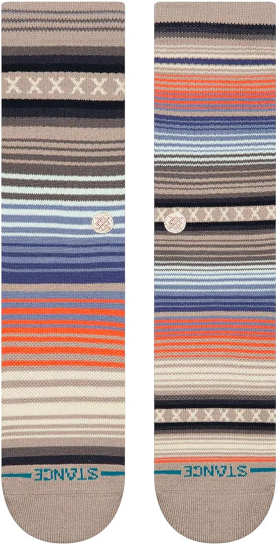 Crew socks close-up, striped grey, blue, and orange bands with geometric band near cuff.