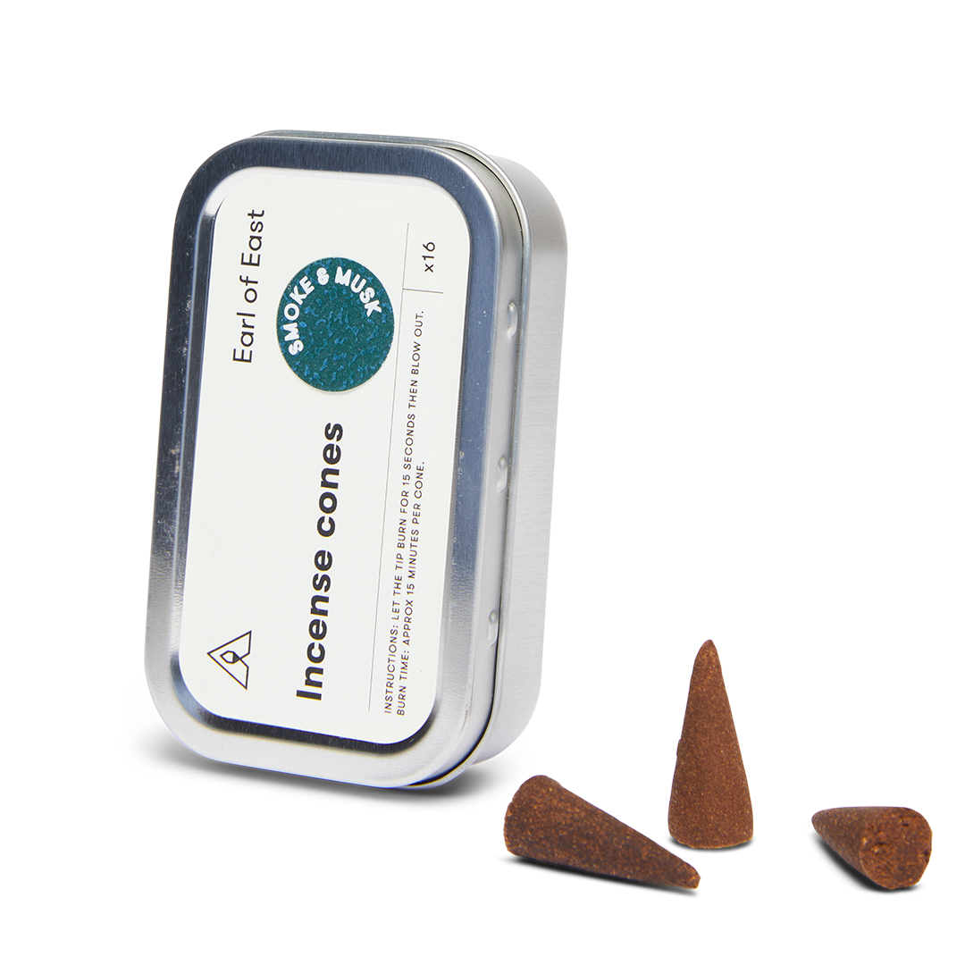 Incense cones in a tin with 'Earl of East' branding on a white background