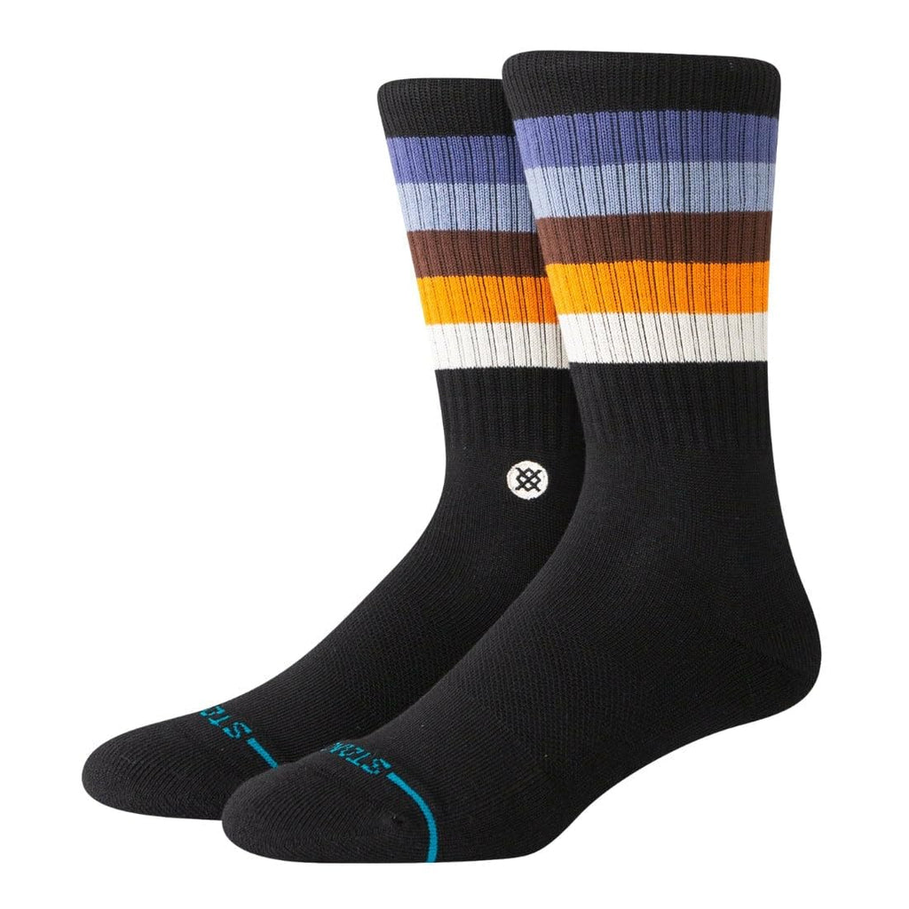 Striped crew socks with black base, blue and orange bands, and small circular logo