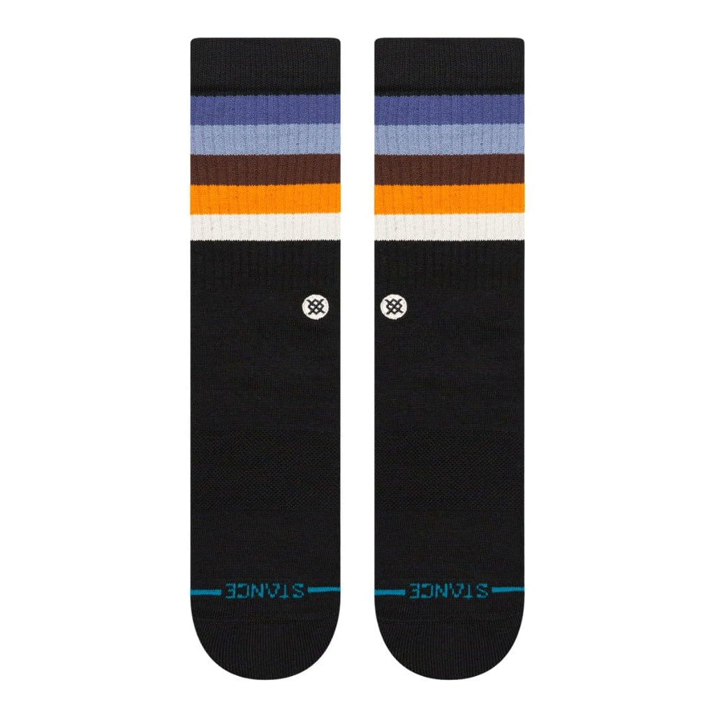 Pair of striped crew socks, black with blue, white, and orange horizontal bands, logo