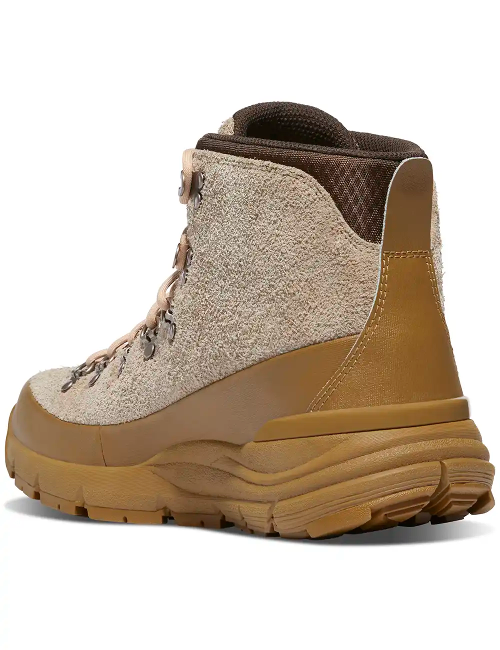 Almond suede high-top boots with heel pull tab, sturdy rubber sole and deep treads