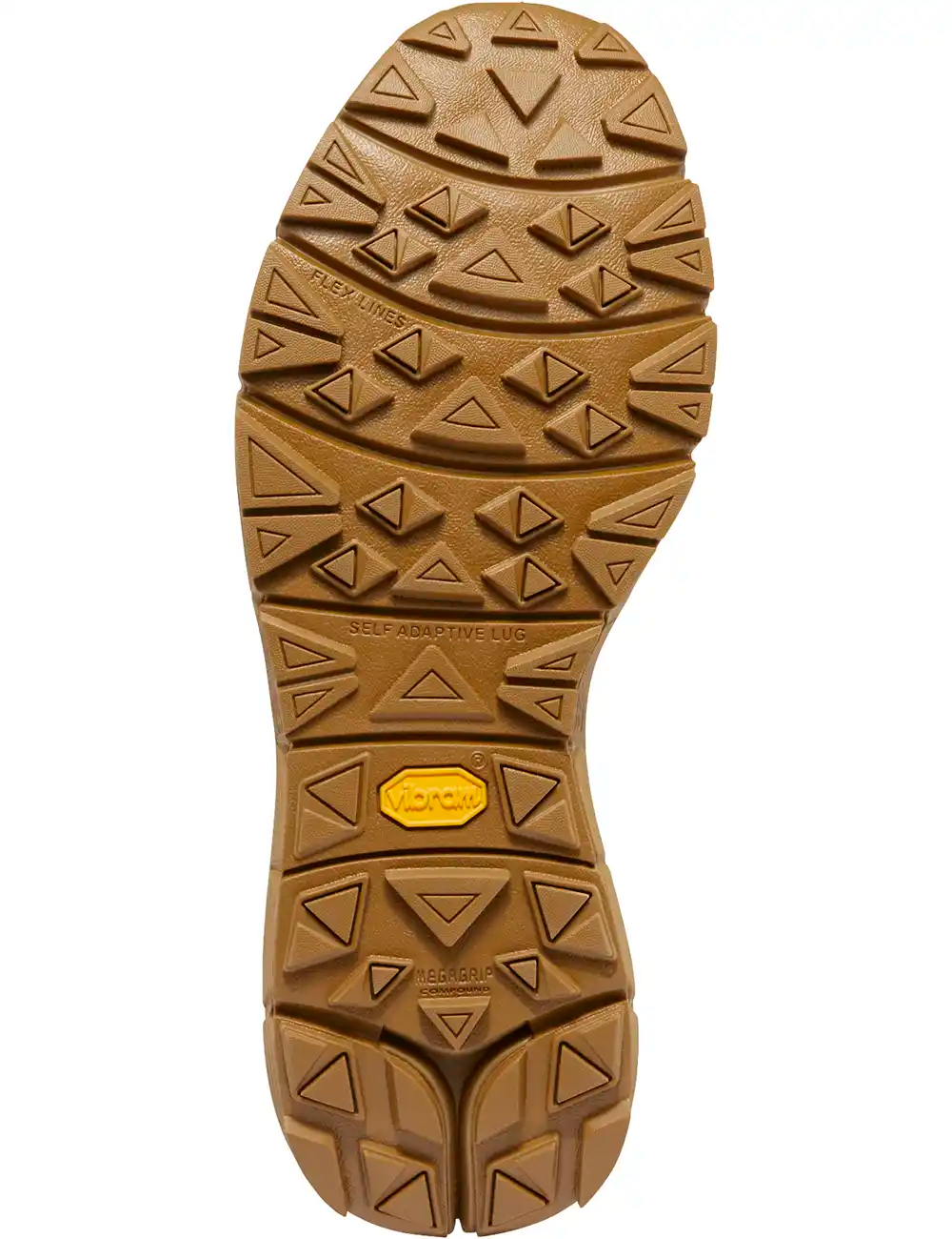 Rubber boot outsole with V-shaped tread and Vibram logo