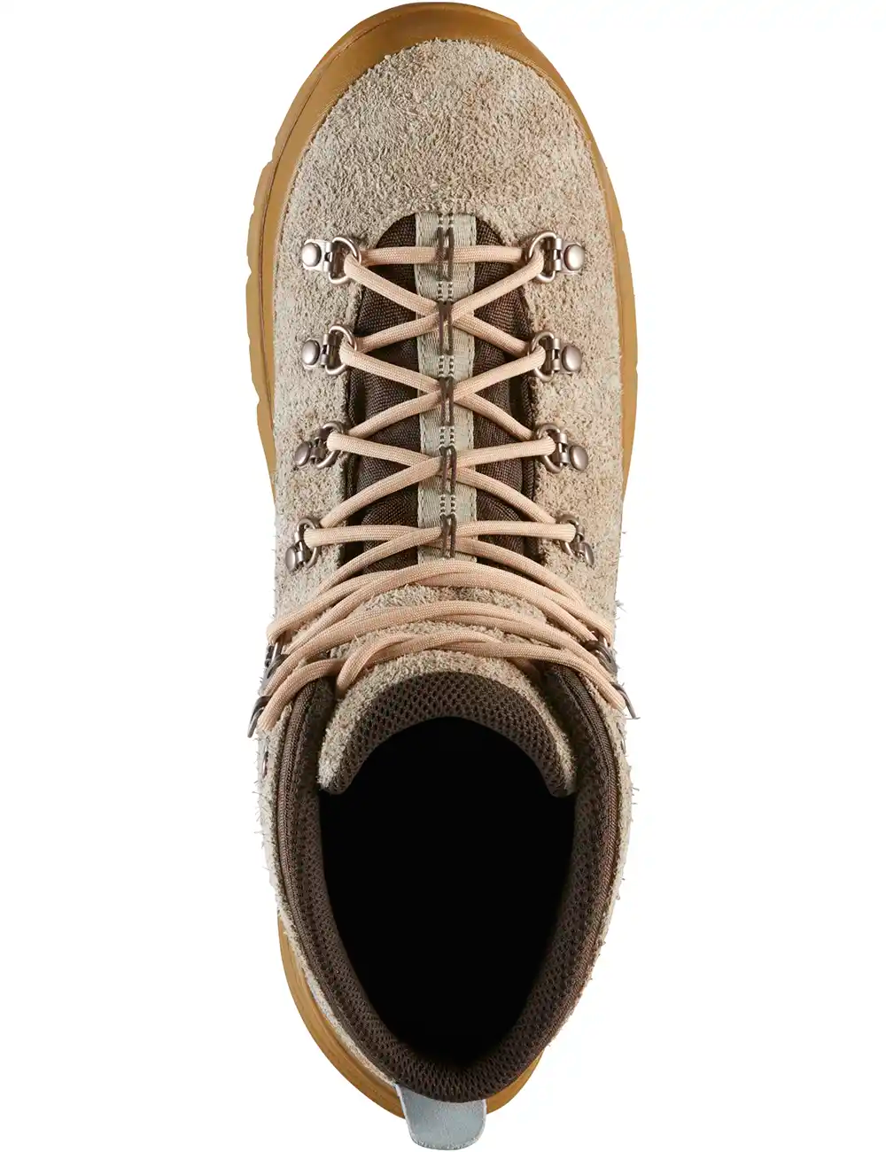 Almond suede boot top view with lace-up eyelets and dark interior opening