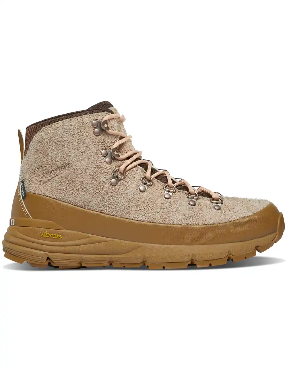 Almond-brown suede hiking boots with lace-up front and Vibram side badge
