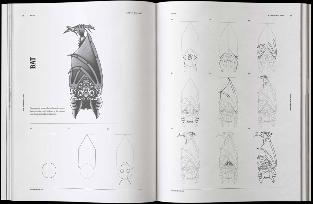 Open book with pencil sketches of punk animal and horned character design templates