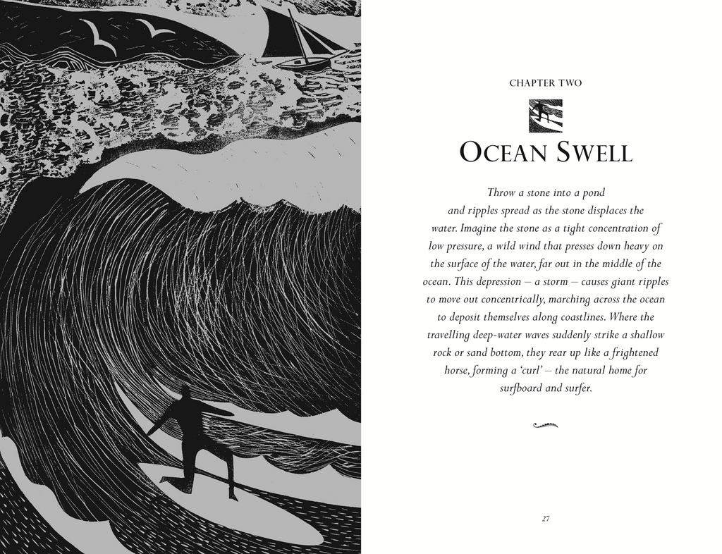 Book page with ocean wave illustration and surfer silhouette, titled Ocean Swell