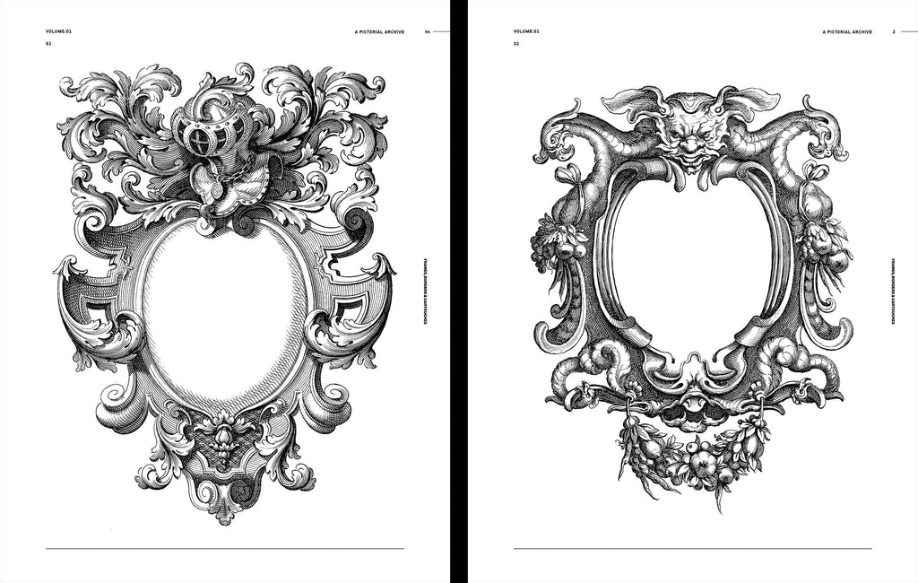 Open book spread showing detailed ornamental oval frames with floral scrollwork, black and white