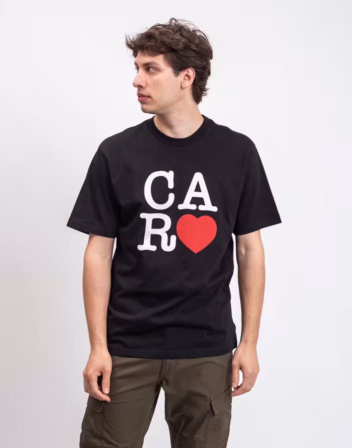 Black crew-neck T-shirt with CA R heart graphic on front