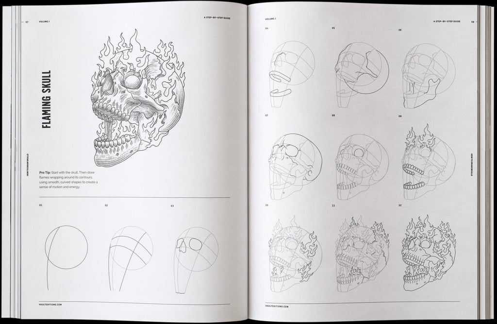Skulls drawing book open to flaming skull illustration with pencil construction diagrams