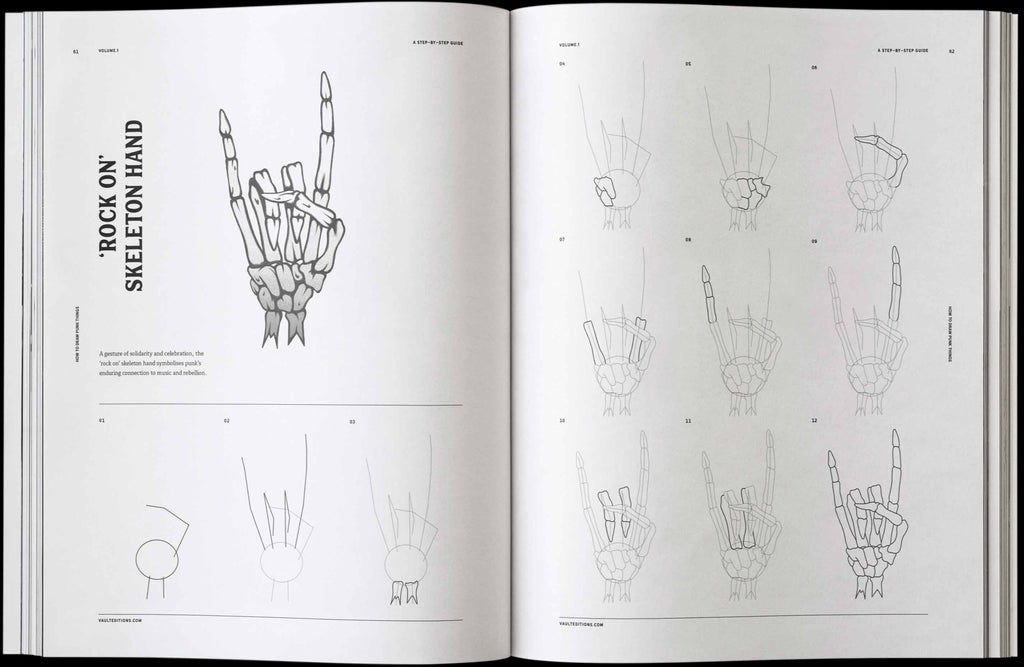 Open book spread with pencil sketches of punk hand poses and horned character parts