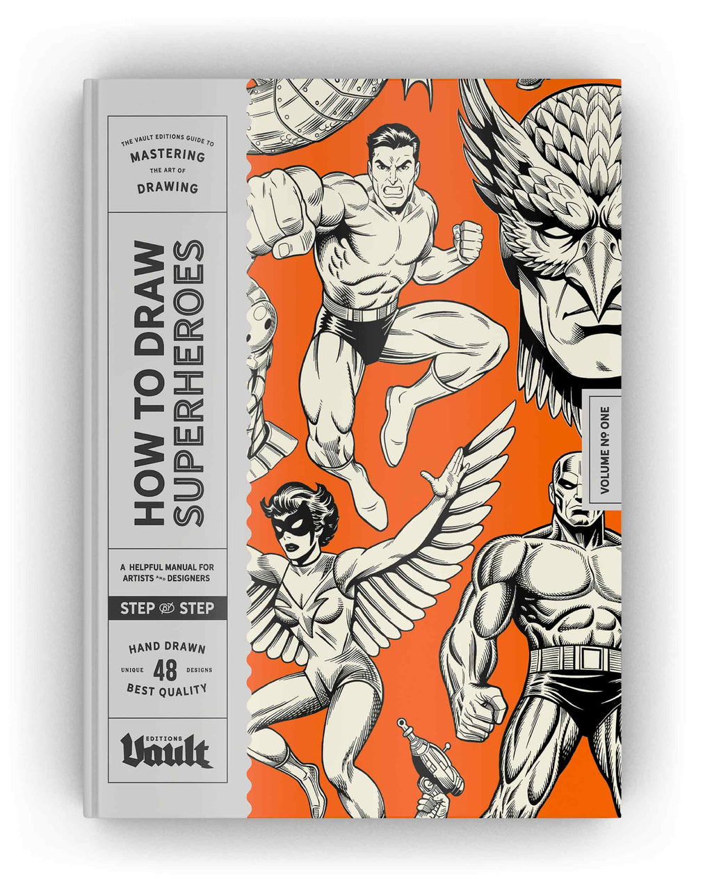 Superhero drawing guide book with orange cover and comic character illustrations