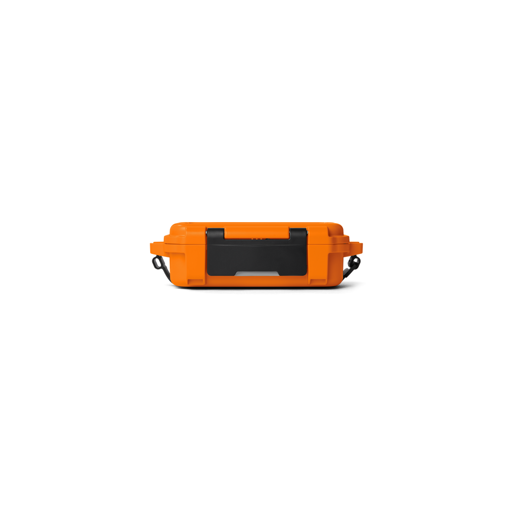 Orange hard-sided gear case with black latch and clear top window