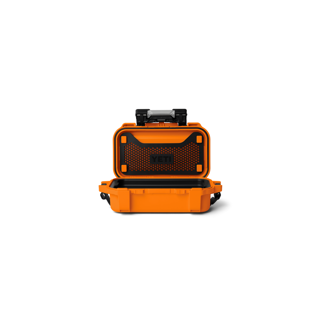 Orange gear case with black top handle and front mesh panel