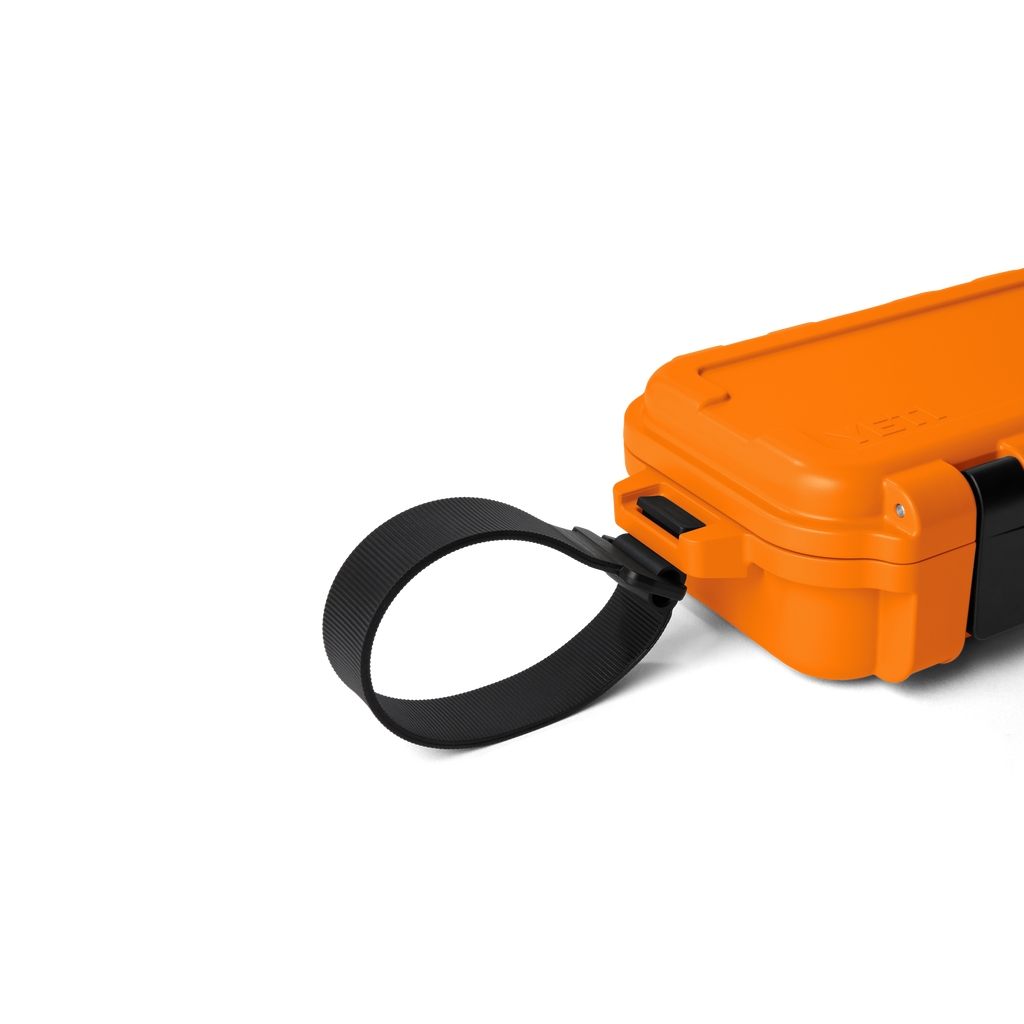Orange gear case with attached black carrying strap