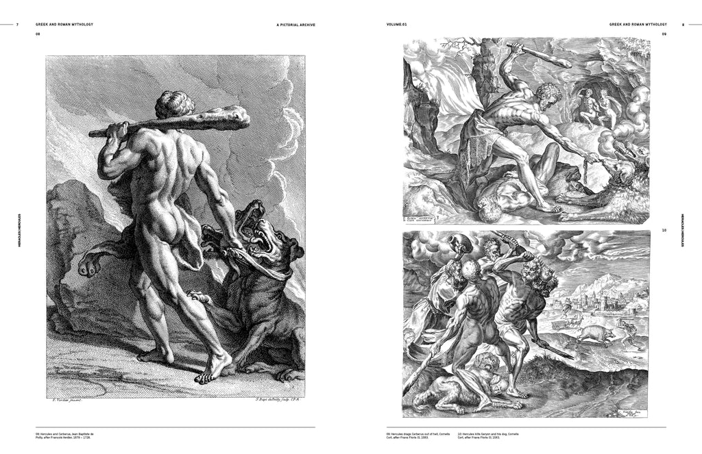 Open book spread with engraved classical myth scenes and sculpted nude figures