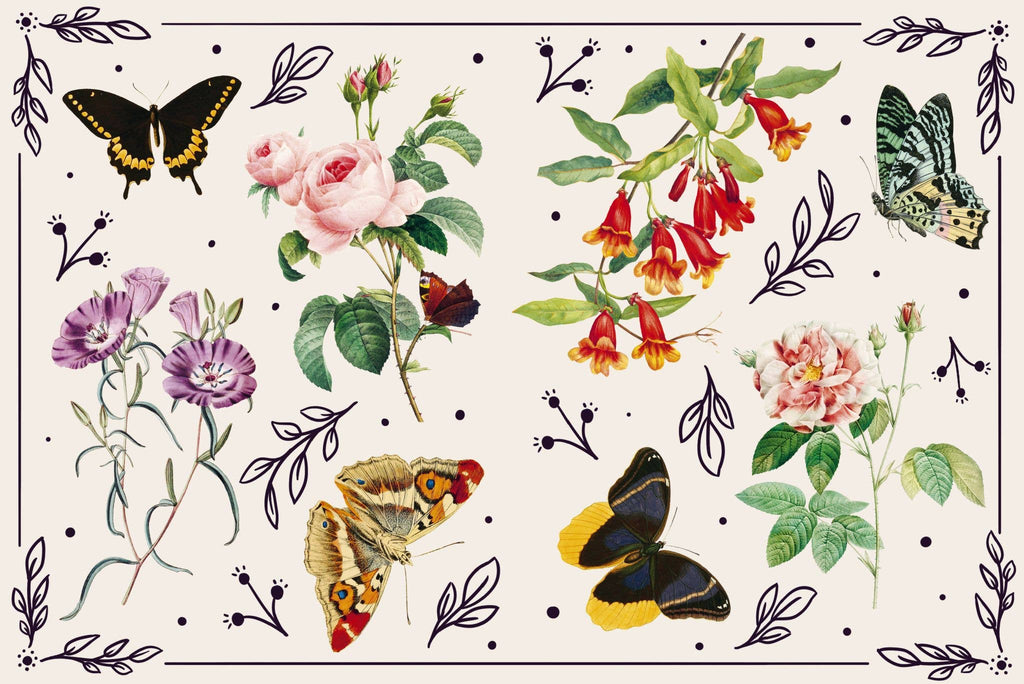 Floral sticker sheet with butterflies, moths, and scattered botanicals on a light background