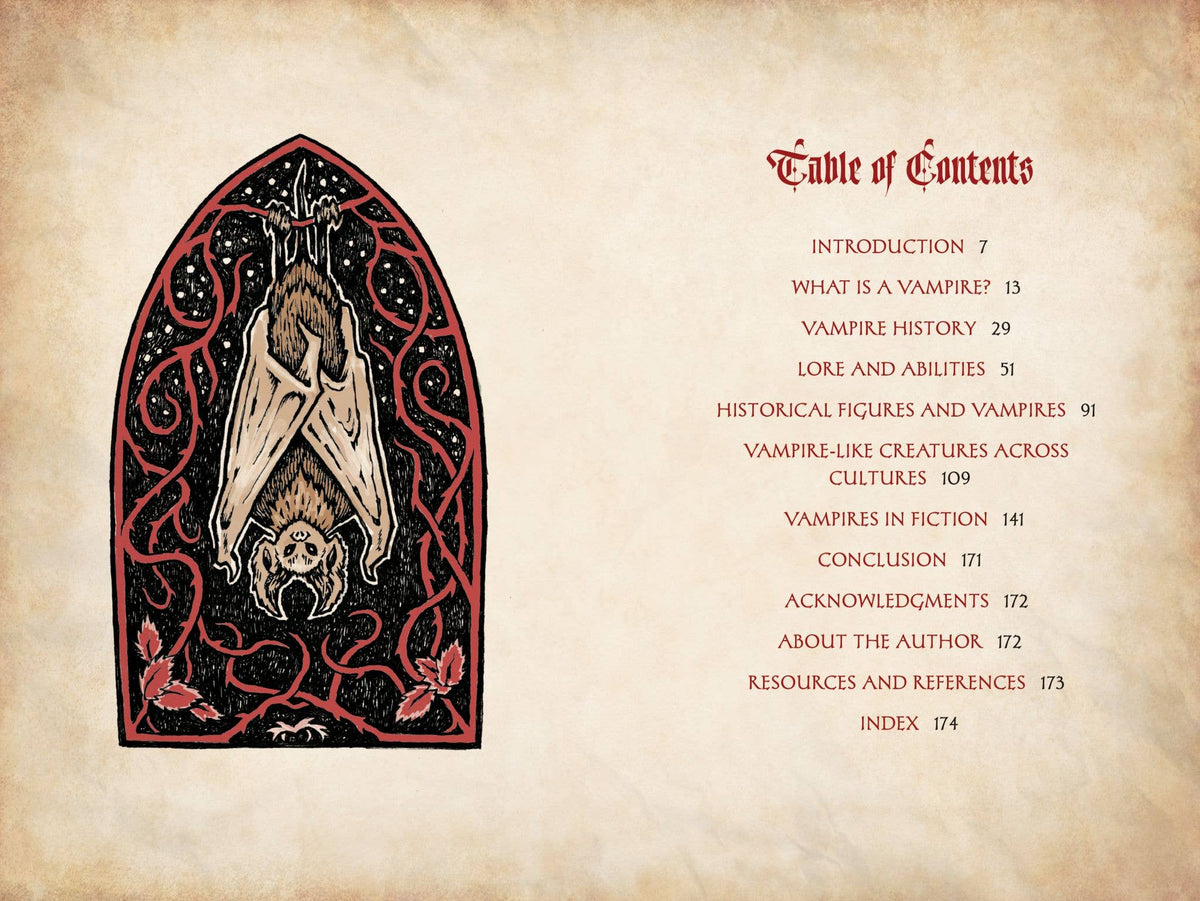Table of contents page with gothic coffin illustration and red chapter headings