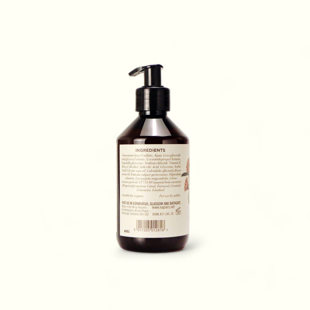 Hand and body wash bottle with black pump, dark amber; ingredients label on back