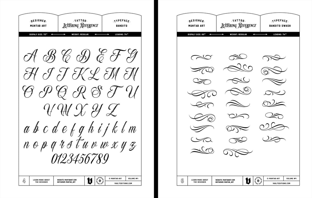 Tattoo lettering reference book pages with cursive alphabet and number set