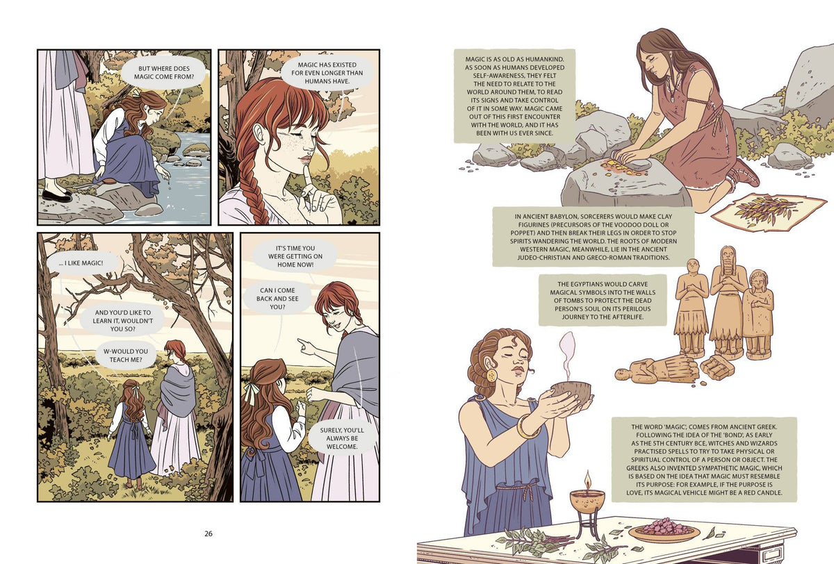 Open book page spread with comic panels and captions, illustrated characters