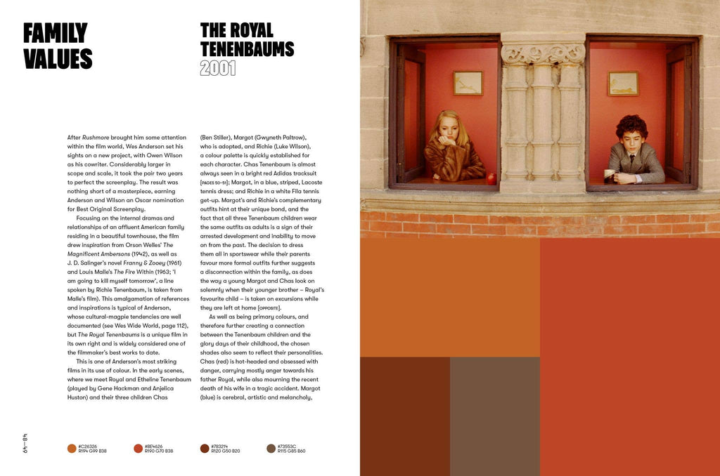 Open book pages with headings and a film still