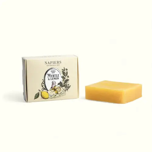 Napiers Myrtle & Lemon soap bar with matching product box, pale cream