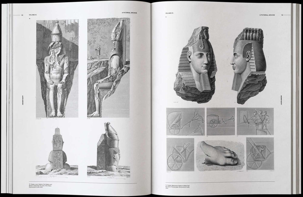 Open Ancient Egypt book pages with black-and-white head and body sculpture sketches