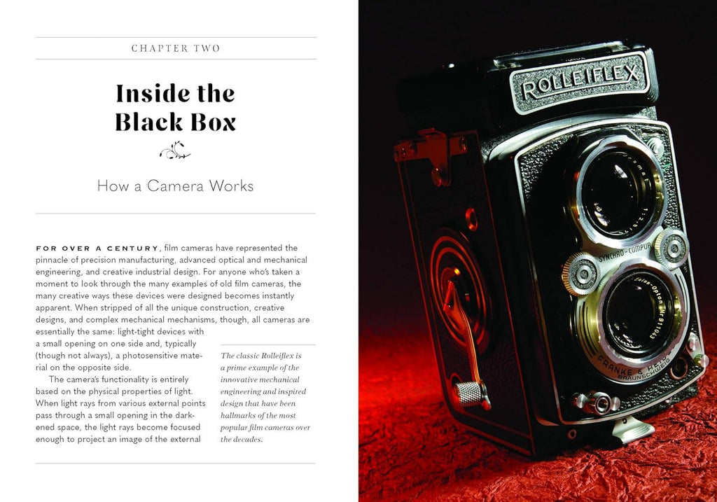 Film camera book spread with "Inside the Black Box" chapter and a vintage camera photo