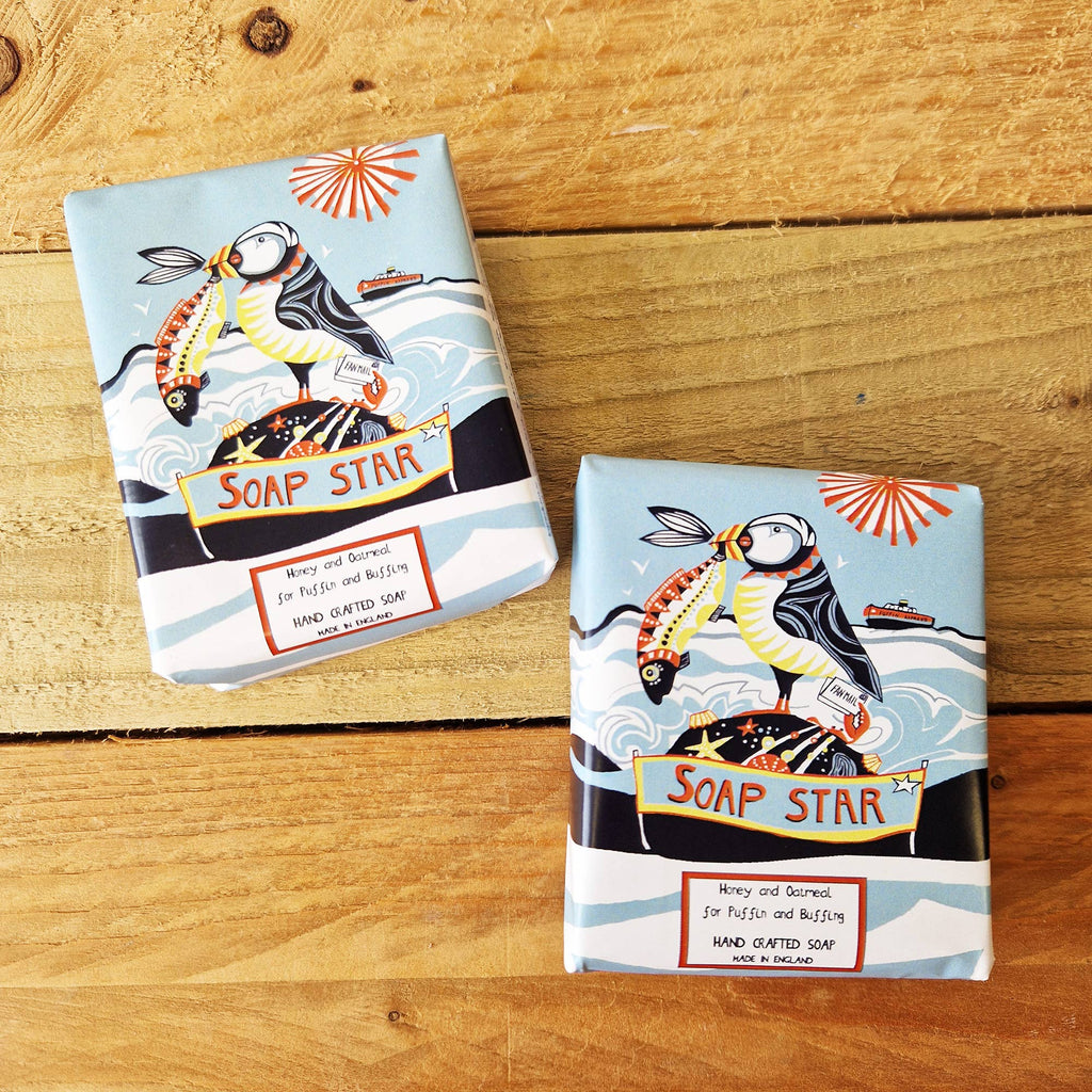 Handcrafted soap gift set boxes with puffin illustration and "Soap Star" label