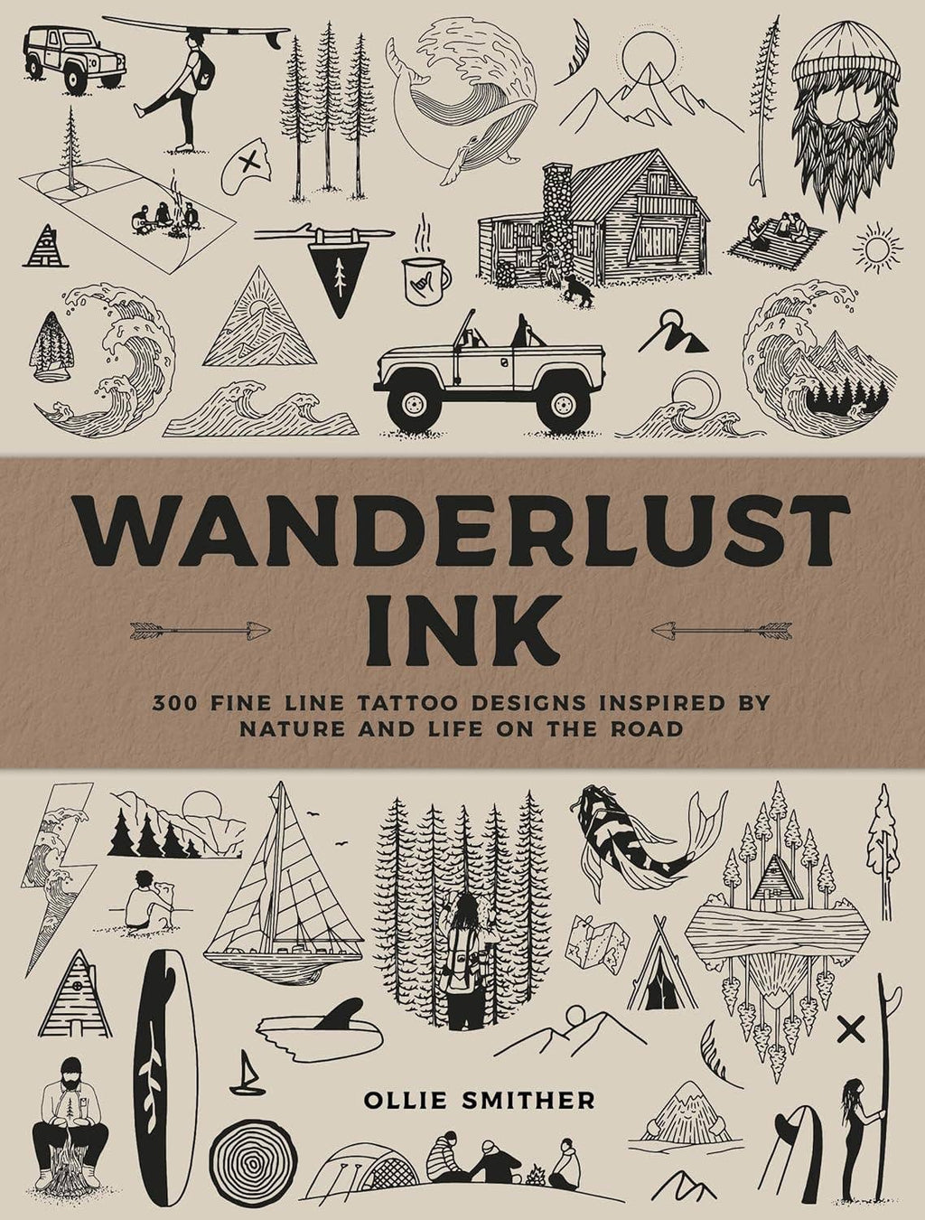 Wanderlust Ink tattoo design book cover with nature line drawings and large title text