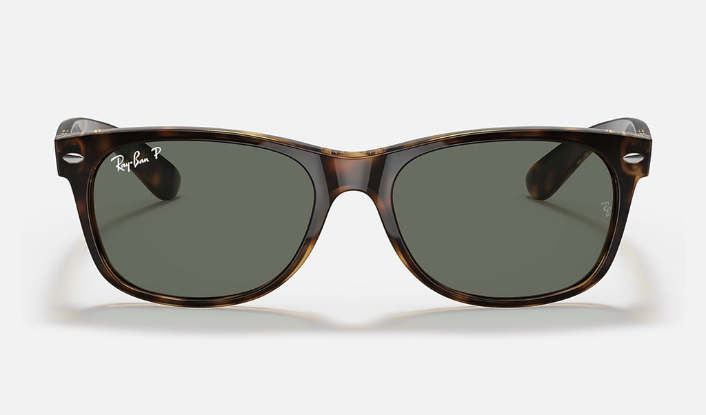 Wayfarer sunglasses, front view, polished tortoise frame with green polarized lenses