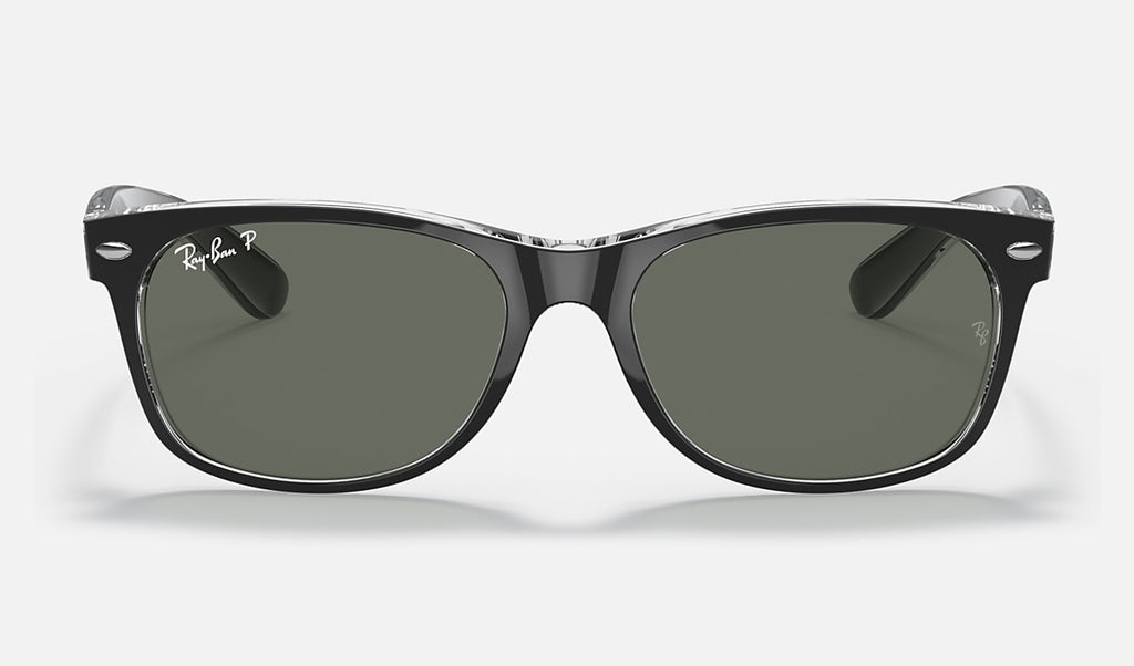 Matte black wayfarer sunglasses with dark green polarized lenses, front straight-on