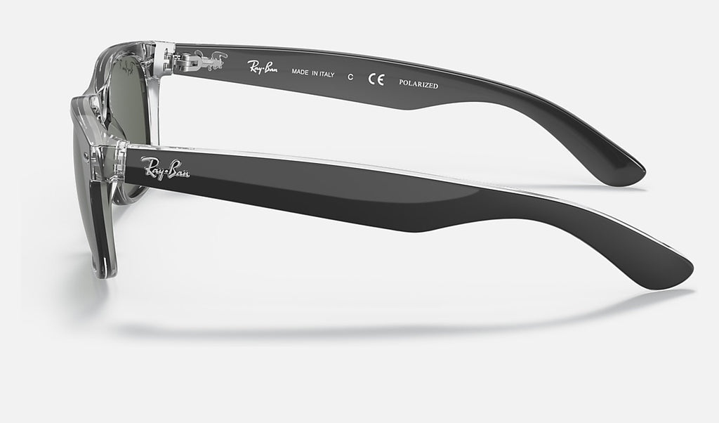 Matte black wayfarer sunglasses with dark green polarized lenses, side profile