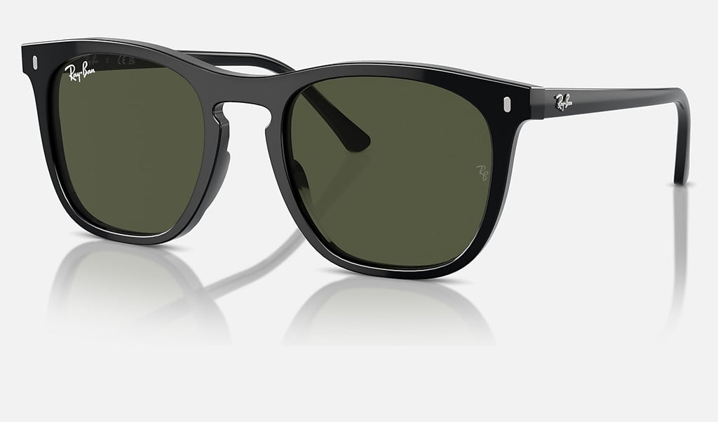 Polished black sunglasses with green tinted lenses, square rounded frame, Ray-Ban logo.