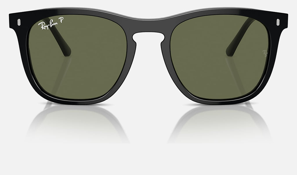 Front view black sunglasses with green polarized lenses
