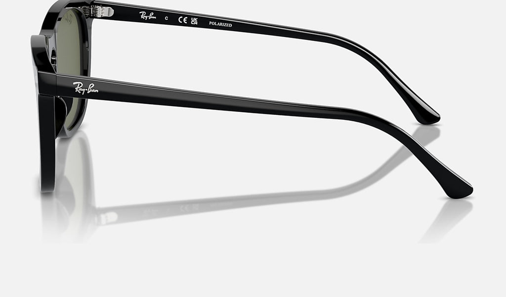 Black sunglasses side profile with green polarized lens